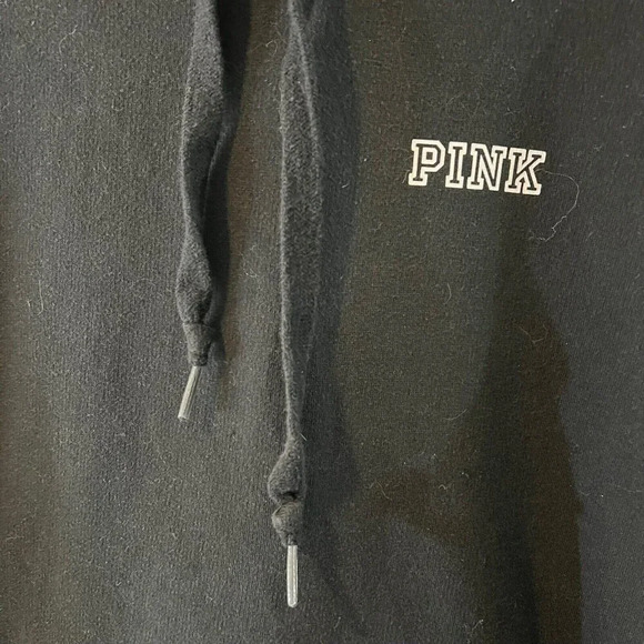 Vicorias Secret PINK Black Hooded Pullover Sweatshirt Front Logo Drawstrings Top - Picture 3 of 4
